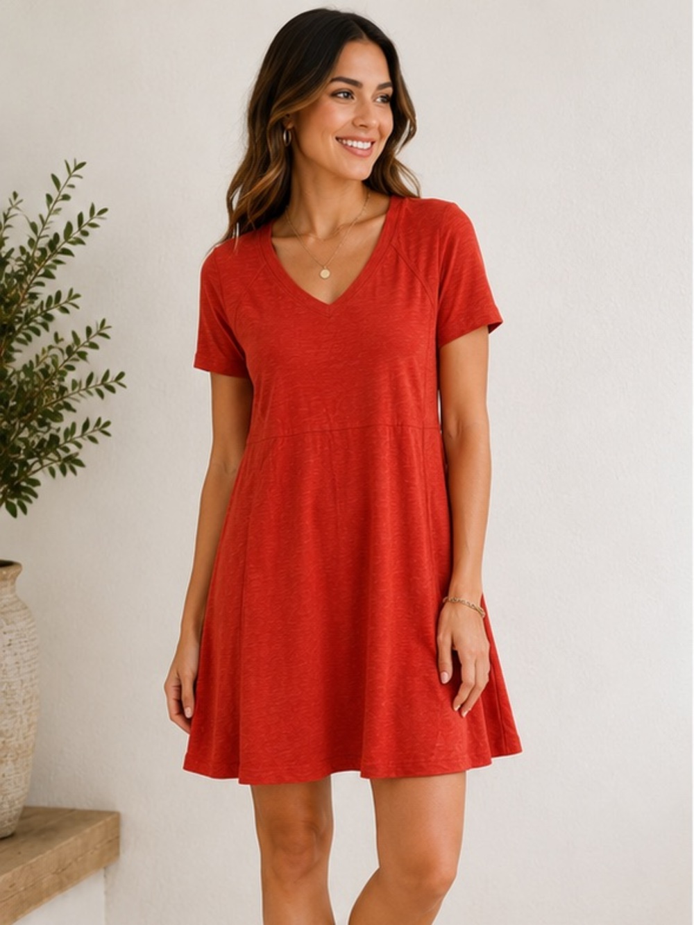 Eileen Fisher Orange-Red V-Neck Short Sleeve A-Line dress